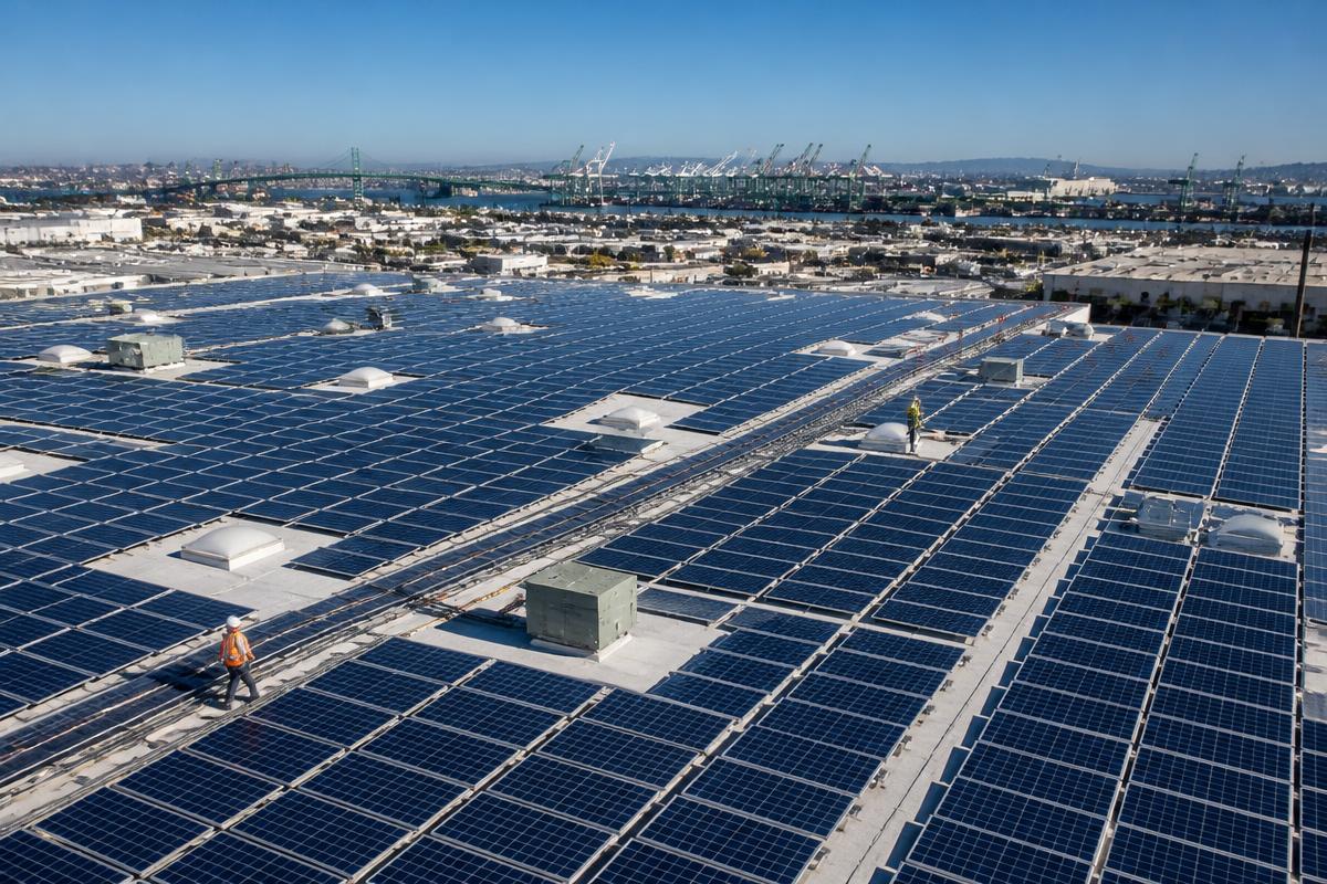 Aerial view of the Westmont Solar Energy Project rooftop installation at the Port of Los Angeles