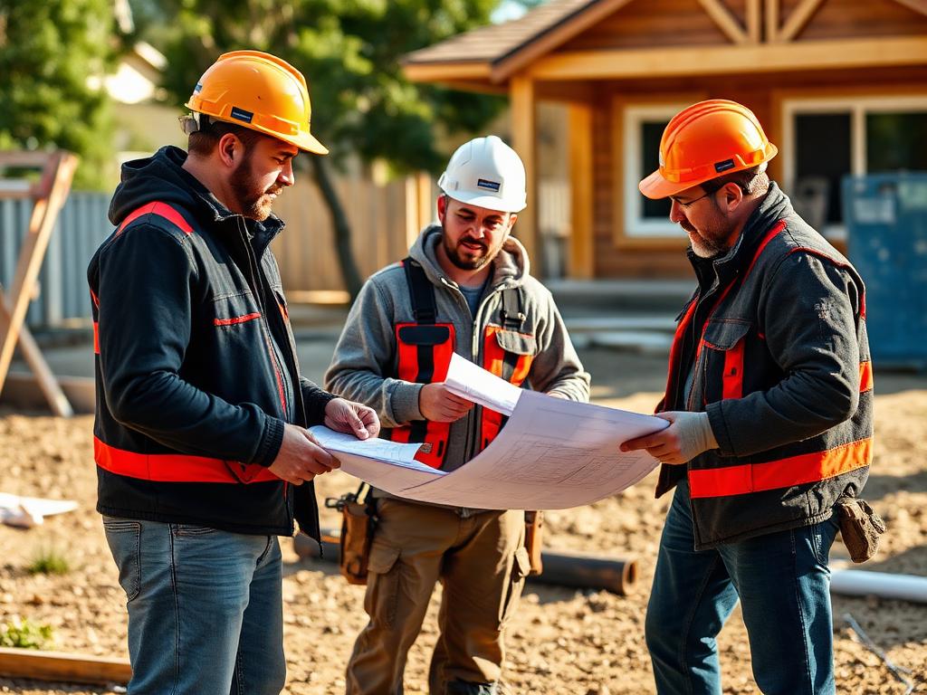 Construction crew reviewing plans at a job site