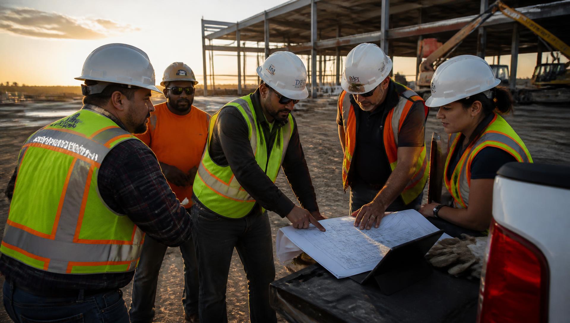 Diverse construction professionals reviewing plans together at an active jobsite